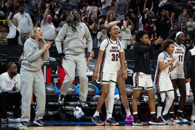South Carolina Gamecocks bench reacts to basket during the NCAA Women’s Basketball Tournament Sweet 16 at Golden 1 Center in Sacramento on Monday, March 30, 2026.